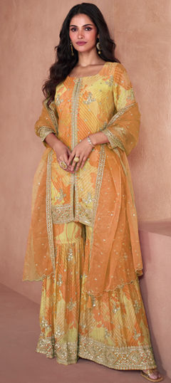 Orange, Yellow color Salwar Kameez in Faux Georgette fabric with Digital Print, Embroidered, Sequence work