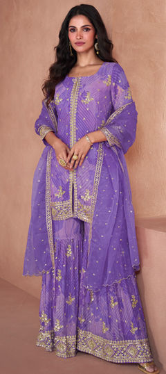 Purple and Violet color Salwar Kameez in Faux Georgette fabric with Digital Print, Embroidered, Sequence work