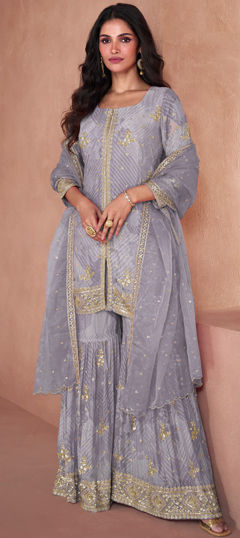 Black and Grey color Salwar Kameez in Faux Georgette fabric with Digital Print, Embroidered, Sequence work