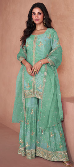 Blue color Salwar Kameez in Faux Georgette fabric with Digital Print, Embroidered, Sequence work