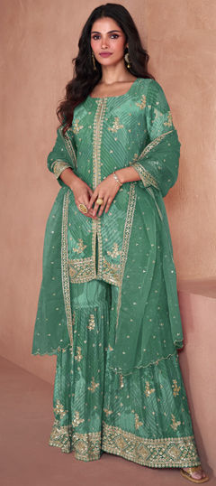 Green color Salwar Kameez in Faux Georgette fabric with Digital Print, Embroidered, Sequence work