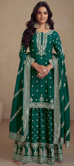 Festive, Party Wear, Wedding Green color Salwar Kameez in Silk fabric with Palazzo, Straight Embroidered, Sequence work : 1969618