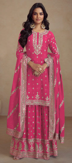 Festive, Party Wear, Wedding Pink and Majenta color Salwar Kameez in Silk fabric with Palazzo, Straight Embroidered, Sequence work : 1969619