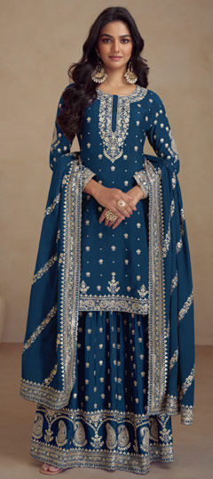 Festive, Party Wear, Wedding Blue color Salwar Kameez in Silk fabric with Palazzo, Straight Embroidered, Sequence work : 1969620