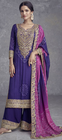 Blue color Salwar Kameez in Silk fabric with Bandhej, Digital Print, Sequence, Thread work