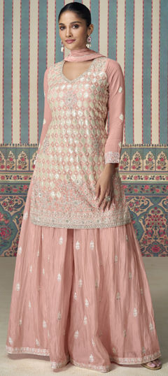 Festive, Reception, Wedding Pink and Majenta color Salwar Kameez in Silk fabric with Palazzo, Straight Embroidered, Sequence, Thread work : 1969627