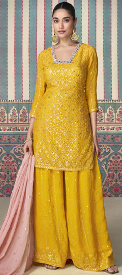 Festive, Reception, Wedding Yellow color Salwar Kameez in Silk fabric with Palazzo, Straight Embroidered, Sequence, Thread work : 1969628