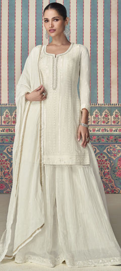 Festive, Reception, Wedding White and Off White color Salwar Kameez in Silk fabric with Palazzo, Straight Embroidered, Sequence, Thread work : 1969629