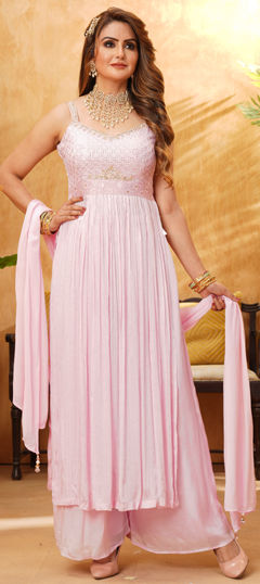 Pink and Majenta color Salwar Kameez in Georgette fabric with Embroidered, Sequence, Thread, Zardozi work
