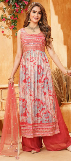 Multicolor color Salwar Kameez in Silk fabric with Mirror, Printed, Sequence, Thread work