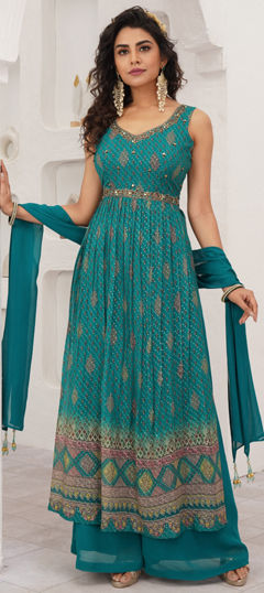 Blue color Salwar Kameez in Georgette fabric with Mirror, Sequence, Thread, Zardozi work