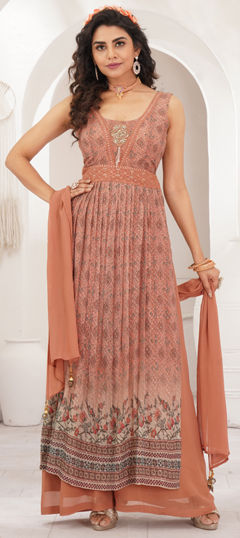 Beige and Brown color Salwar Kameez in Georgette fabric with Cut Dana, Embroidered, Sequence, Thread, Zardozi work