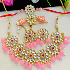 Gold Rodium Polish Pink and Majenta color Necklace in Metal Alloy studded with CZ Diamond, Kundan, Pearl