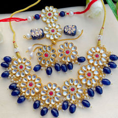 Gold Rodium Polish Blue color Necklace in Metal Alloy studded with CZ Diamond, Kundan, Pearl