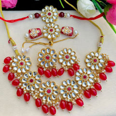 Gold Rodium Polish Red and Maroon color Necklace in Metal Alloy studded with CZ Diamond, Kundan, Pearl