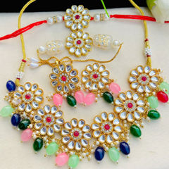 Gold Rodium Polish Multicolor color Necklace in Metal Alloy studded with CZ Diamond, Kundan, Pearl