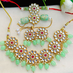 Gold Rodium Polish Green color Necklace in Metal Alloy studded with CZ Diamond, Kundan, Pearl