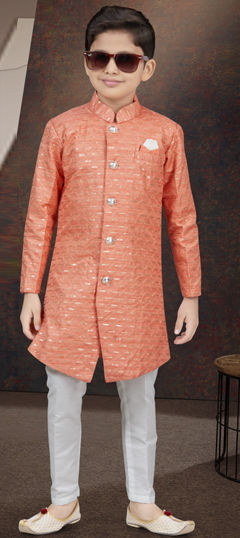 Party Wear Orange color Boys Sherwani in Silk fabric with Thread work : 1969684