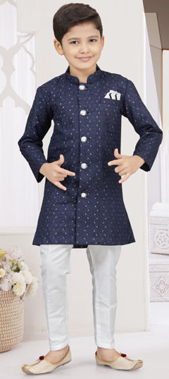 Party Wear Blue color Boys Sherwani in Silk fabric with Thread work : 1969685