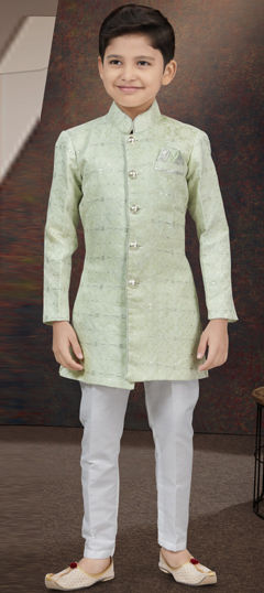 Party Wear Green color Boys Sherwani in Jacquard fabric with Thread work : 1969687