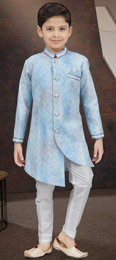 Party Wear Blue, White and Off White color Boys Indo-Western in Silk fabric with Digital Print, Sequence, Stone, Thread work : 1969688