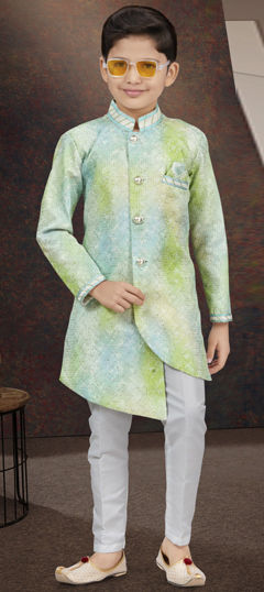 Party Wear Blue, Green color Boys Indo-Western in Silk fabric with Digital Print, Sequence, Stone, Thread work : 1969690