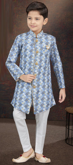 Party Wear Blue, White and Off White color Boys Indo-Western in Jacquard fabric with Digital Print, Embroidered, Thread work : 1969716