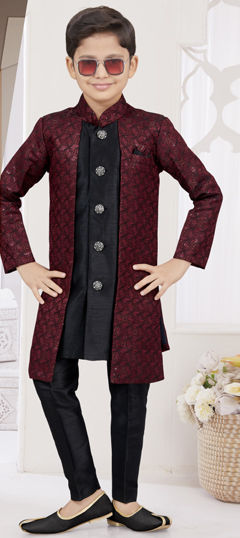 Party Wear Black and Grey, Red and Maroon color Boys Indo-Western in Banarasi Silk, Jacquard fabric with Embroidered, Sequence, Thread work : 1969724