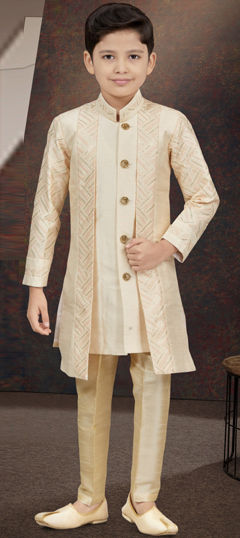 Party Wear Beige and Brown color Boys Sherwani in Silk fabric with Thread work : 1969754