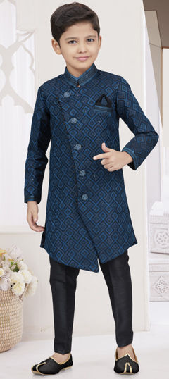 Party Wear Black and Grey, Blue color Boys Sherwani in Banarasi Silk, Jacquard fabric with Embroidered, Thread work : 1969756