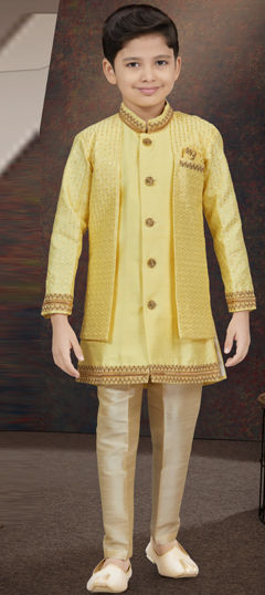 Party Wear Yellow color Boys Indo-Western in Banarasi Silk fabric with Stone, Thread work : 1969757