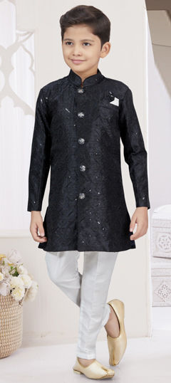 Party Wear Black and Grey color Boys Sherwani in Banarasi Silk fabric with Thread work : 1969758