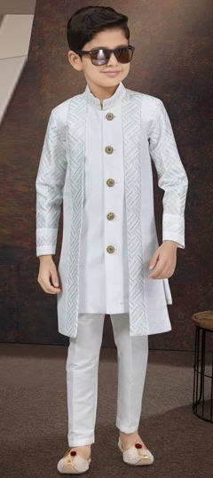 Party Wear White and Off White color Boys Indo-Western in Silk fabric with Stone, Thread work : 1969759