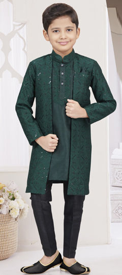 Party Wear Green color Boys Indo-Western in Banarasi Silk fabric with Stone, Thread work : 1969760