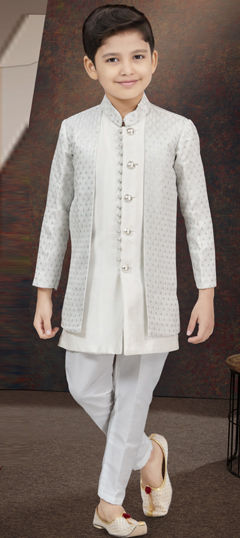 Party Wear White and Off White color Boys Indo-Western in Banarasi Silk, Jacquard fabric with Embroidered, Sequence, Thread work : 1969761