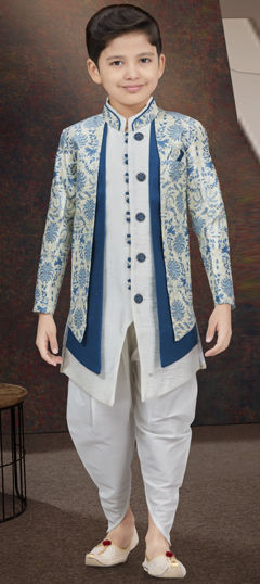 Party Wear Blue, White and Off White color Boys Indo-Western in Banarasi Silk, Jacquard fabric with Digital Print, Thread work : 1969768