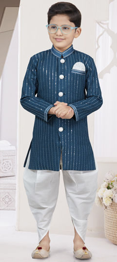 Blue color Boys Dhoti Sherwani in Silk fabric with Stone, Thread work