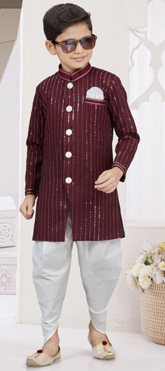 Red and Maroon color Boys Dhoti Sherwani in Silk fabric with Stone, Thread work