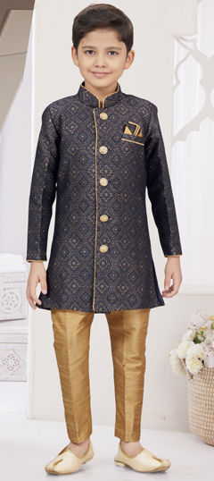 Party Wear Blue, Gold color Boys Sherwani in Jacquard fabric with Thread work : 1969786