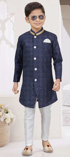 Party Wear Blue color Boys Sherwani in Silk fabric with Thread work : 1969787