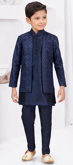 Party Wear Blue color Boys Indo-Western in Banarasi Silk, Silk fabric with Digital Print, Stone, Thread work : 1969814