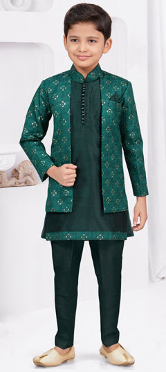 Party Wear Green color Boys Indo-Western in Banarasi Silk, Silk fabric with Digital Print, Stone, Thread work : 1969815