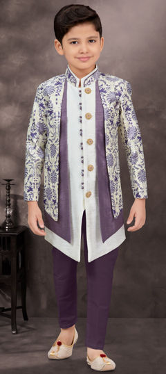 Party Wear Purple and Violet, White and Off White color Boys Indo-Western in Banarasi Silk, Jacquard fabric with Digital Print, Stone, Thread work : 1969816