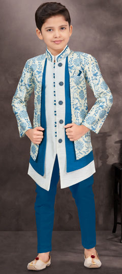 Party Wear Blue, White and Off White color Boys Indo-Western in Banarasi Silk, Jacquard fabric with Digital Print, Stone, Thread work : 1969817