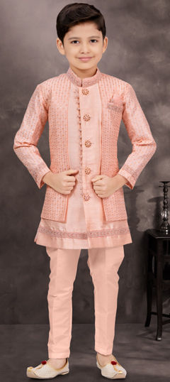 Party Wear Pink and Majenta color Boys Indo-Western in Banarasi Silk fabric with Stone, Thread work : 1969818