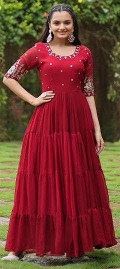 Festive, Party Wear Red and Maroon color Gown in Faux Georgette fabric with Embroidered, Sequence, Zari work : 1969832