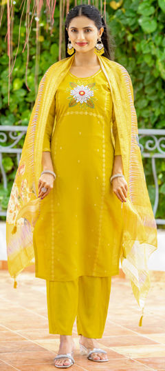 Yellow color Salwar Kameez in Silk fabric with Digital Print, Embroidered, Resham, Weaving, Zari work