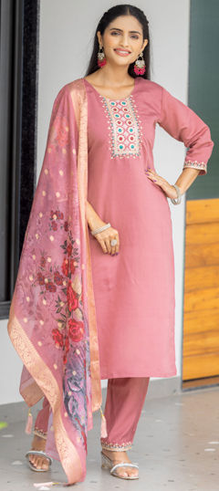 Pink and Majenta color Salwar Kameez in Silk fabric with Digital Print, Embroidered, Resham, Weaving, Zari work