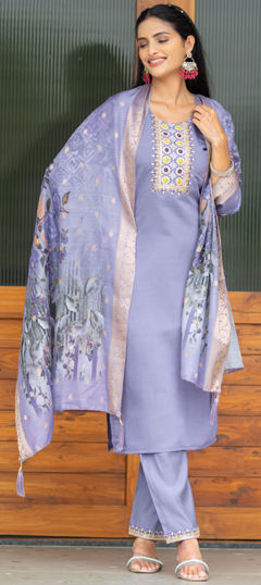 Purple and Violet color Salwar Kameez in Silk fabric with Digital Print, Embroidered, Resham, Weaving, Zari work