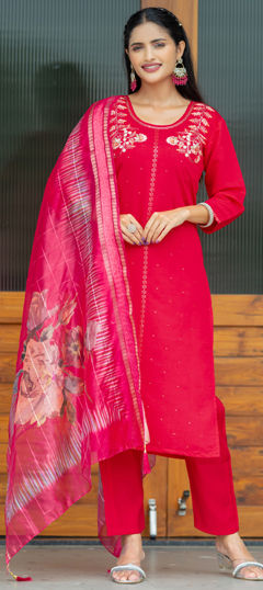 Pink and Majenta color Salwar Kameez in Silk fabric with Digital Print, Embroidered, Resham, Weaving, Zari work